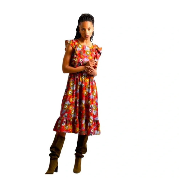 Molly Bracken red floral midi dress with ruffle sleeve size small - Picture 6 of 16